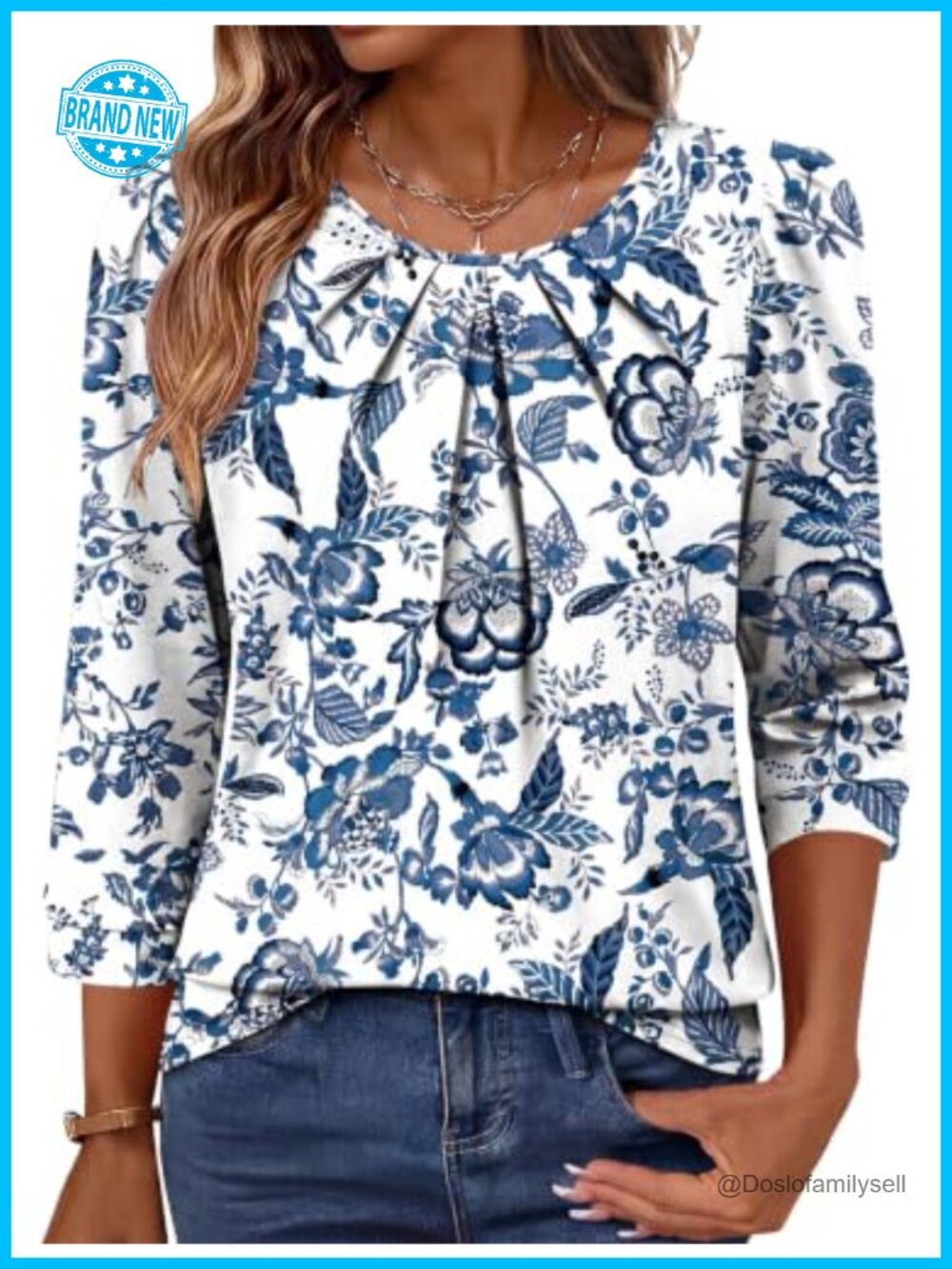 3/4 Sleeve Pleated Front Blouse Loose Fit Business Casual Top
